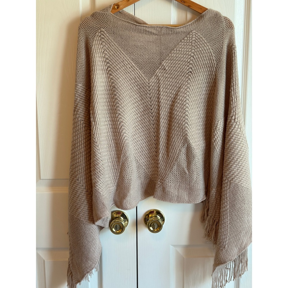 Boho Fringe Knit Poncho Sweater Tan Chevron Popcorn Textured Wrap OS